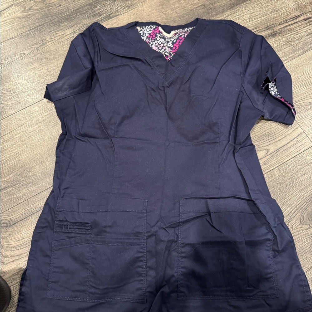 Navy Blue Scrub Top with Floral Trim